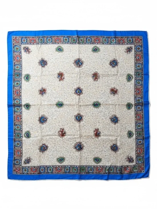 Vintage 70’ Cream Paisley Silk Scarf with Blue Border 27x27 - Picture 1 of 6